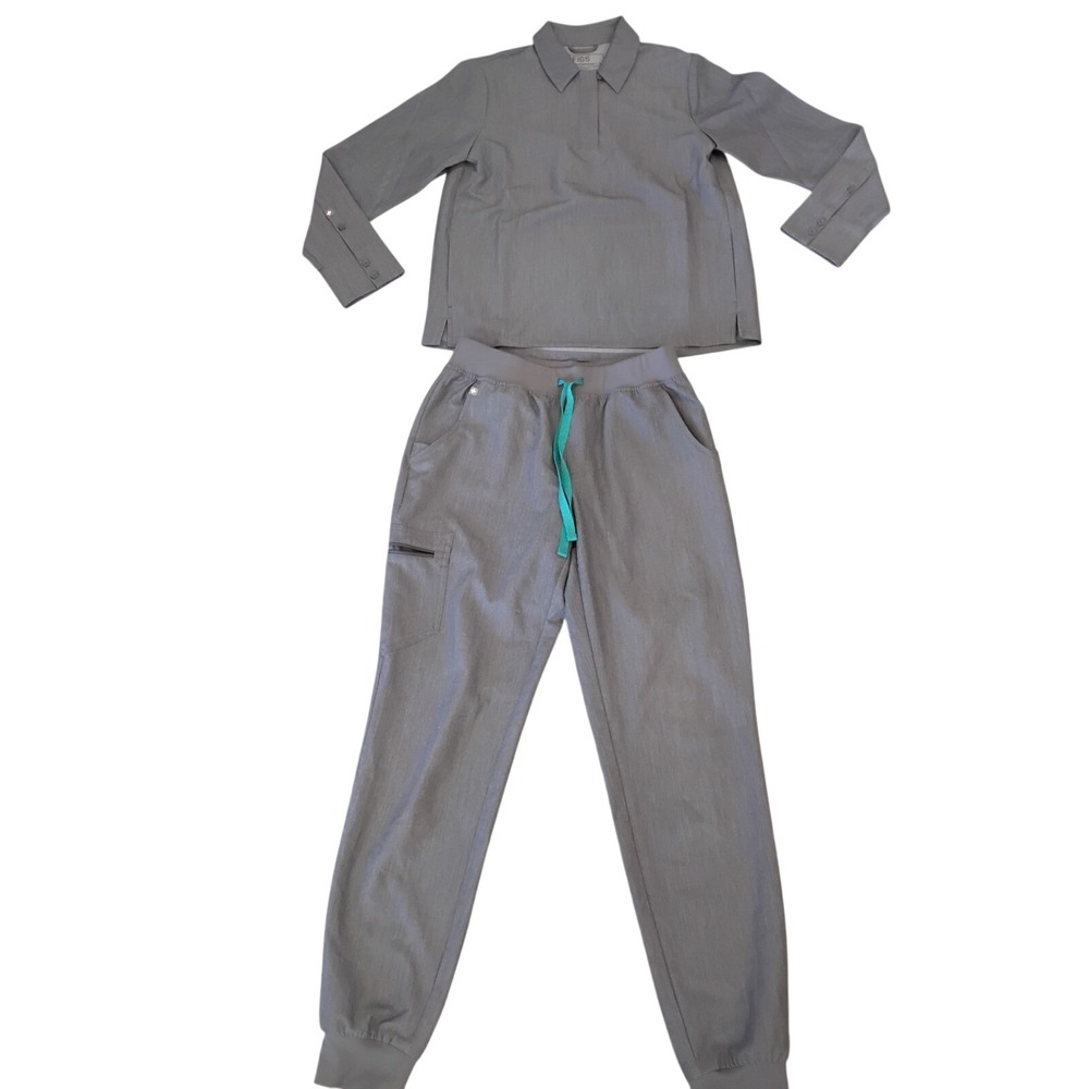 FIGS Technical Collection Grey Long Sleeve Polo Scrub Top & Jogger Set -S/T